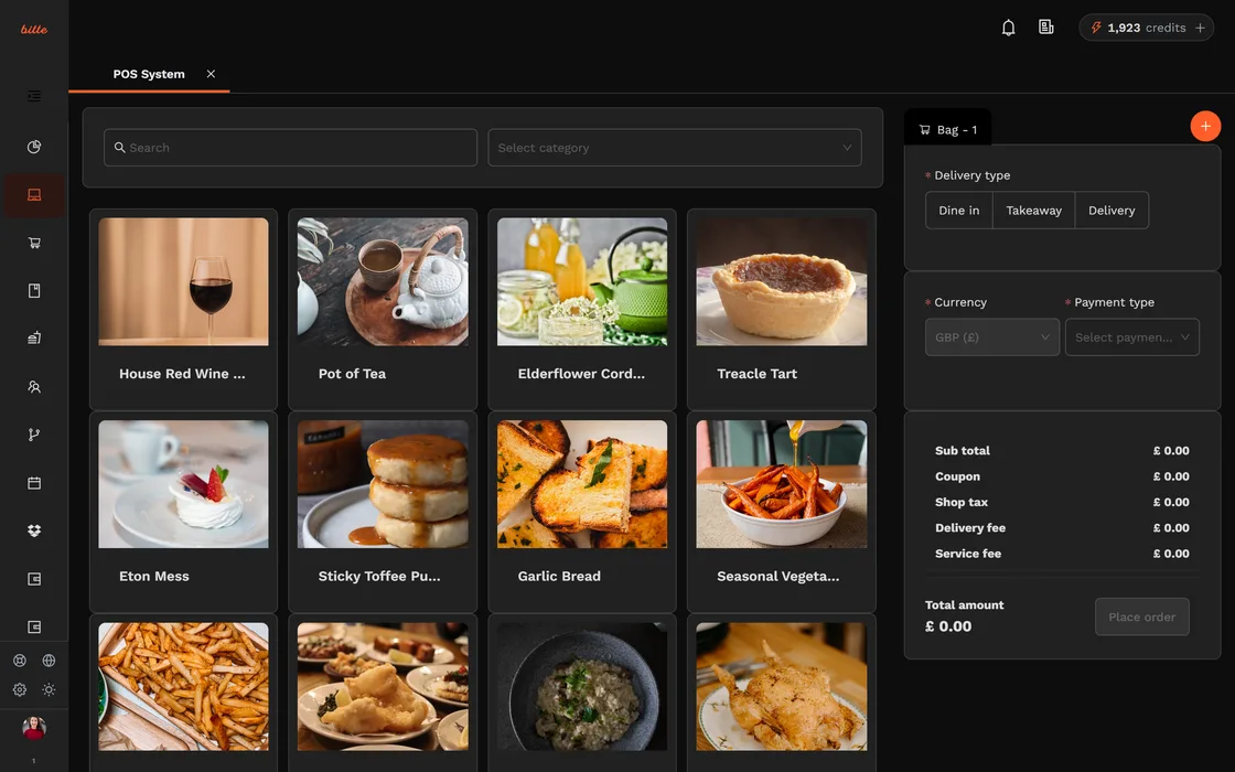 The Bitte till with an open order, its items and running total, and the payment buttons beside it