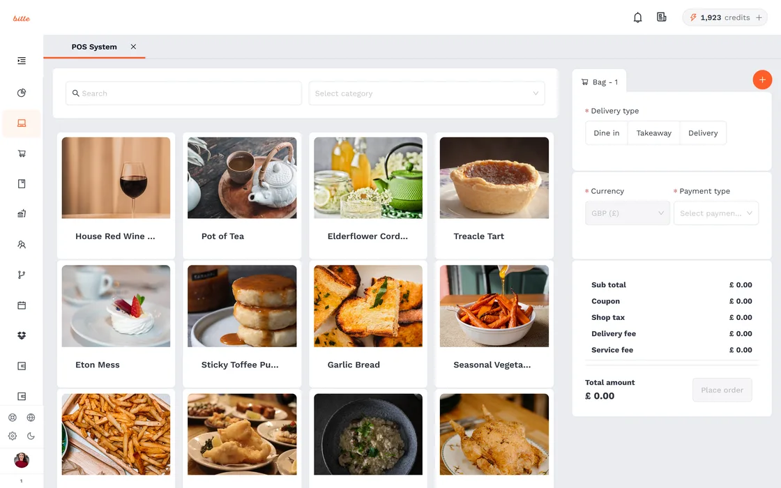 The Bitte till with an open order, its items and running total, and the payment buttons beside it