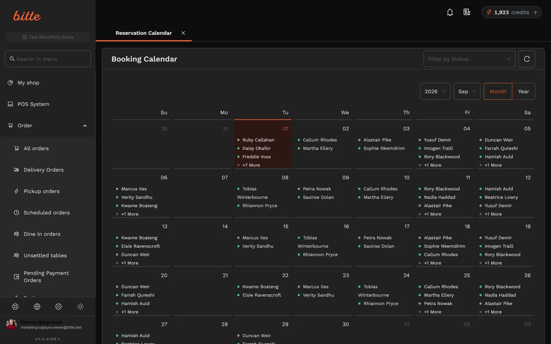The Bitte booking diary for a month, with each day's covers and the bookings taken against them