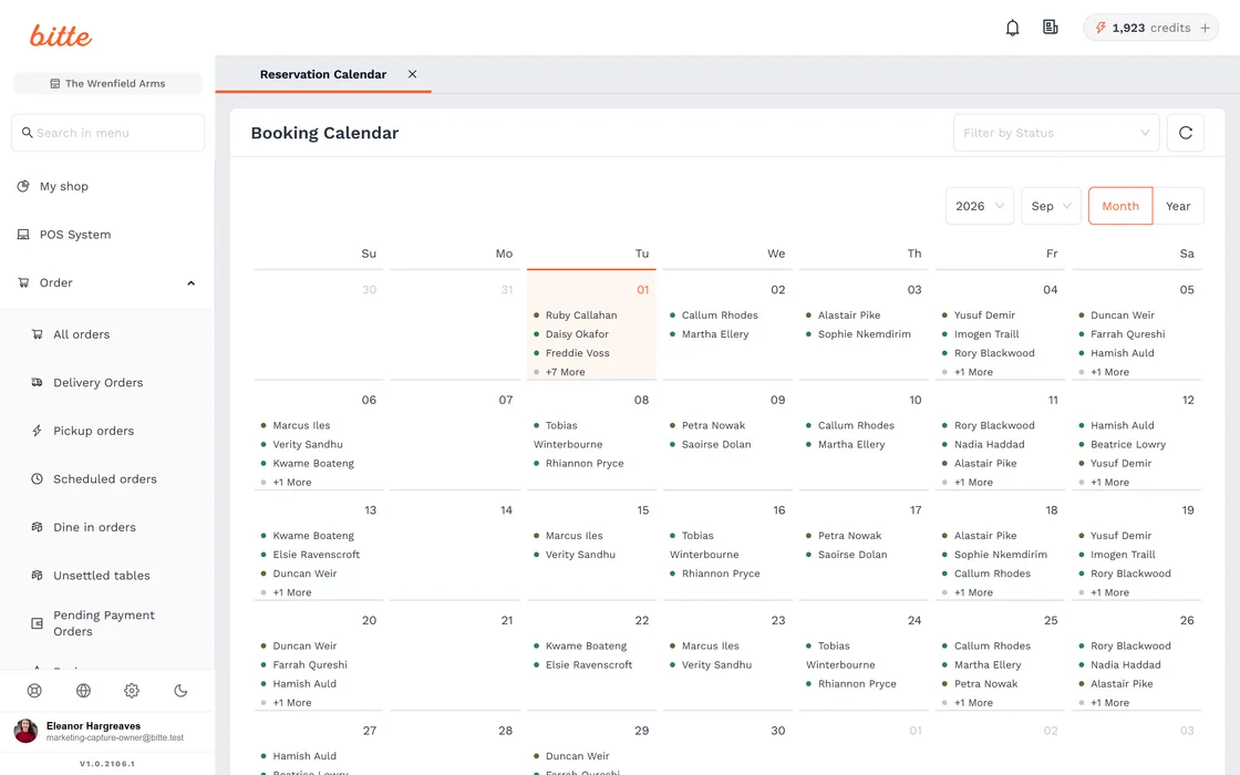 The Bitte booking diary for a month, with each day's covers and the bookings taken against them