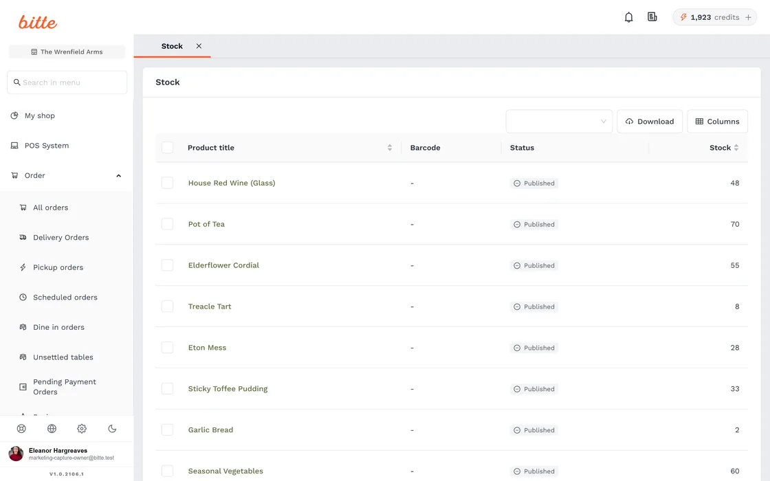 Stock levels in the Bitte dashboard, with each ingredient's remaining quantity and the items that are running low
