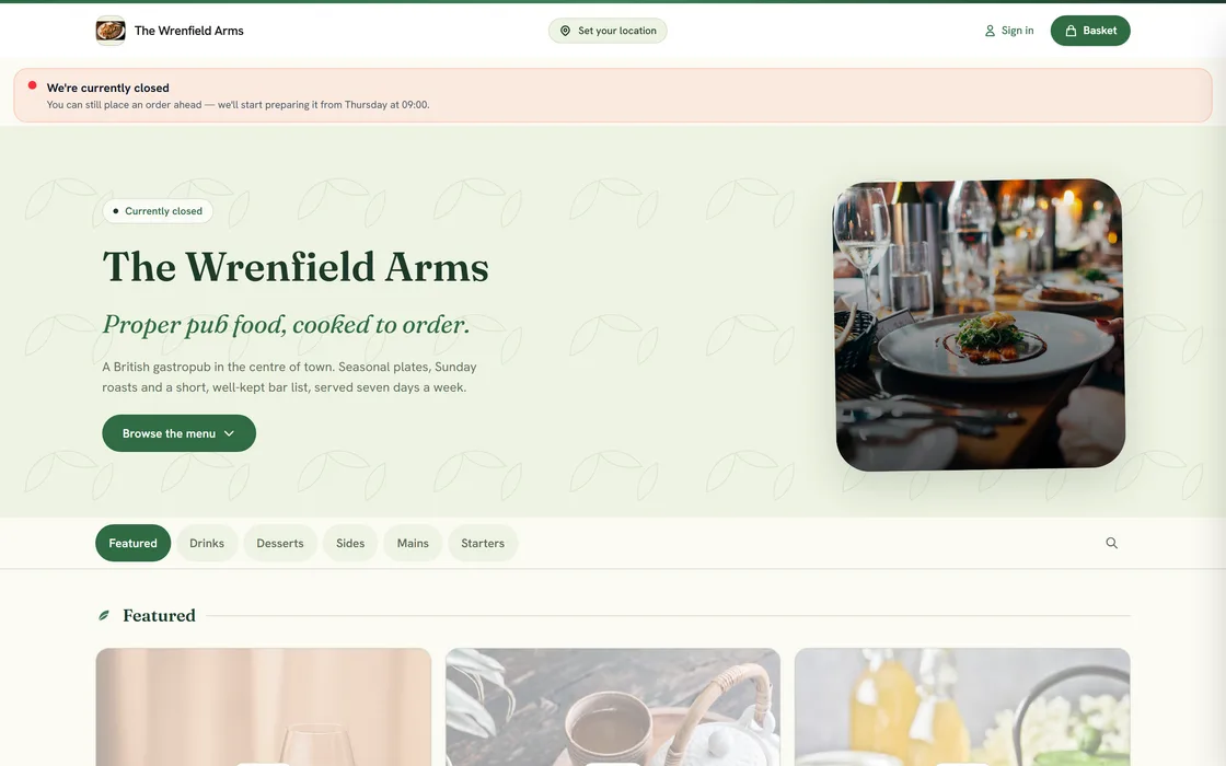 A restaurant's own Bitte ordering site, with its name, its menu categories and a basket of its own