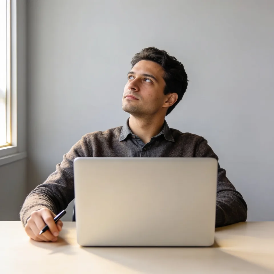 A software engineer at a desk with a closed laptop, pen in hand, looking away in thought