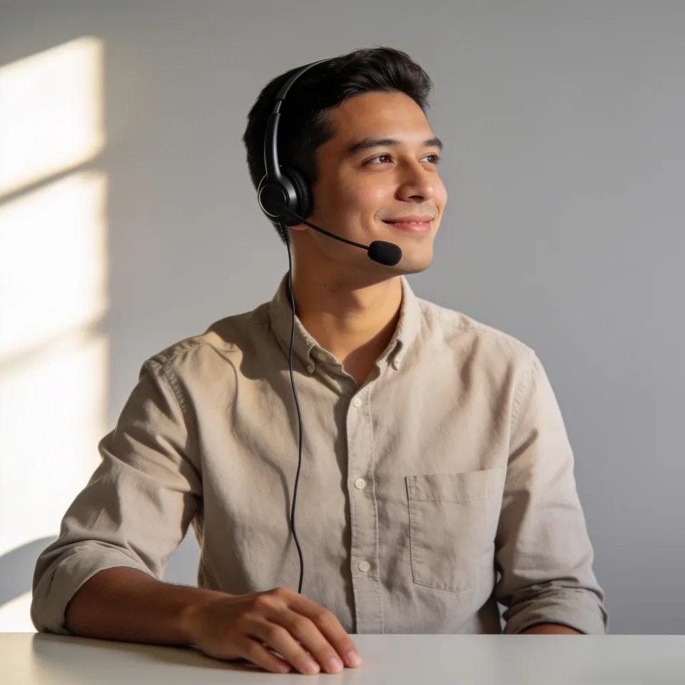 A support specialist wearing a headset, mid-conversation and smiling